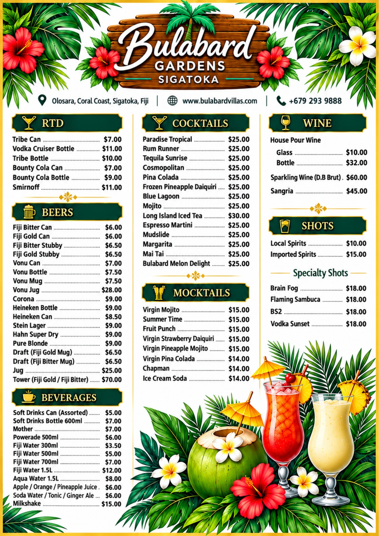 BulaBard Gardens drinks menu with prices for beers, ready-to-drink beverages, cocktails, mocktails, wine, shots, and non-alcoholic beverages.