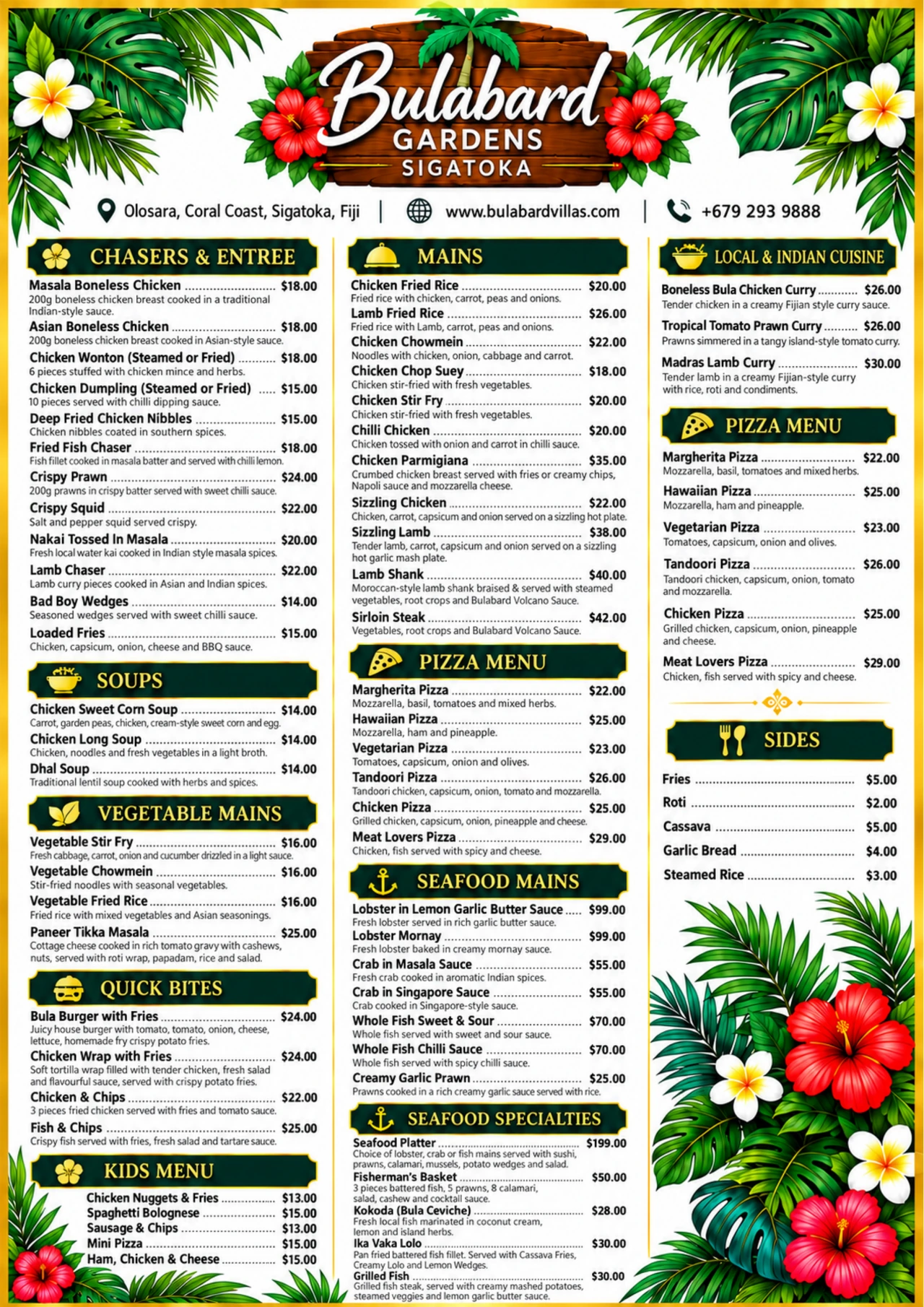 BulaBard Gardens food menu with dishes and prices: entrees, soups, vegetable mains, quick bites, kids meals, mains, pizza, seafood, local and Indian cuisine, and sides.