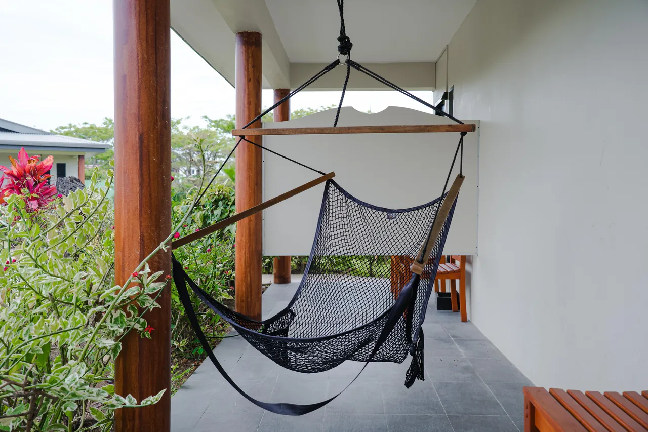 A hanging chair and timber seating on a garden-facing veranda